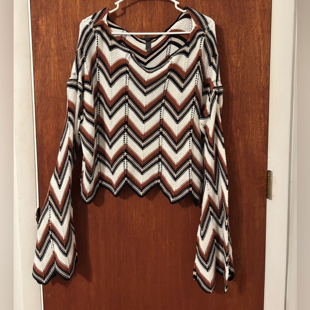 Alya Striped Knit Top in Black, Brown, and White Size Large